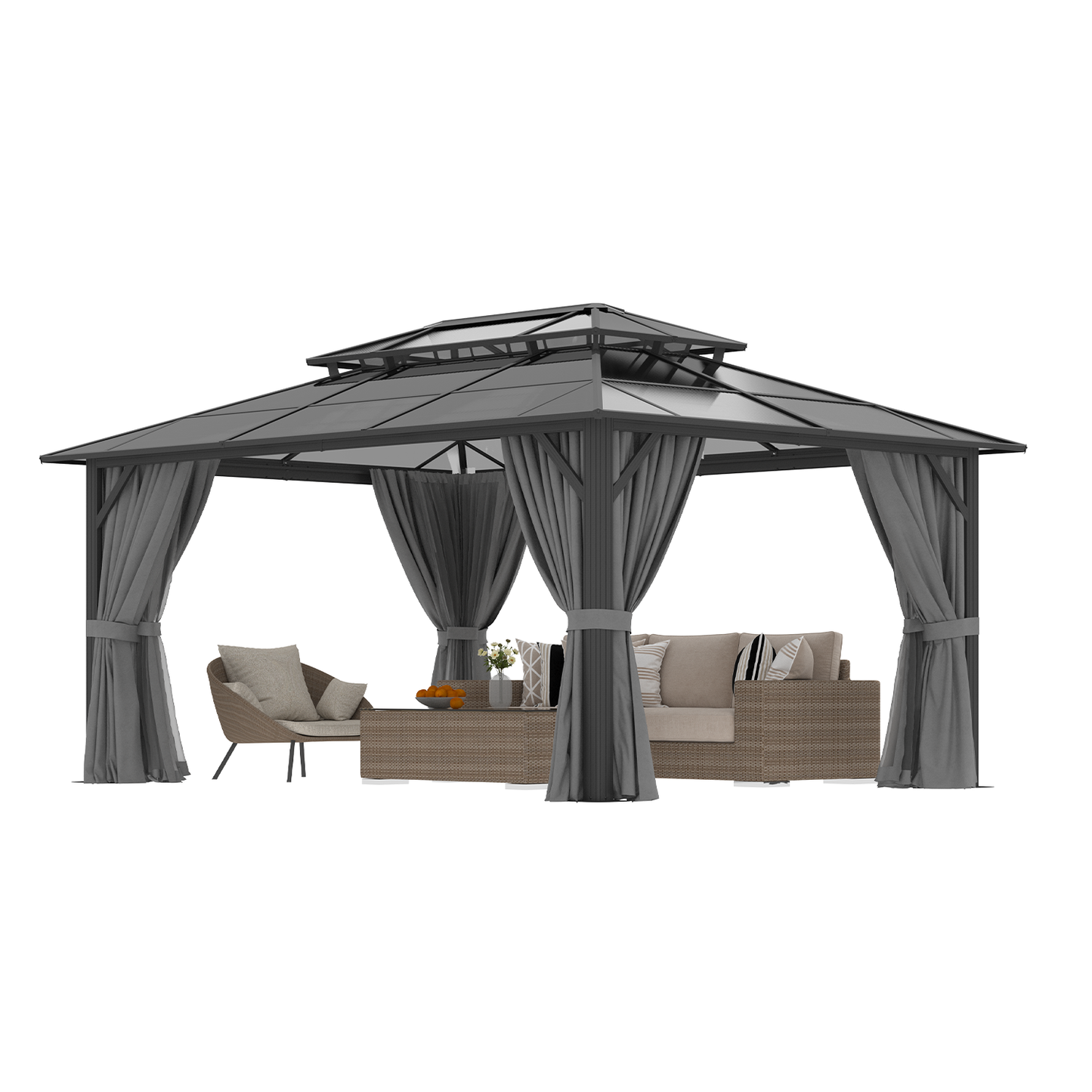Sunmthink 12' x 16' Hardtop Gazebo,Polycarbonate Double Roof,Aluminum Frame with Curtains and Netting for Patio,Garden,Gray