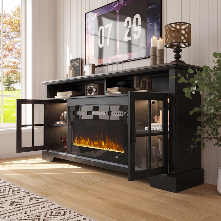Sonegra Fireplace TV Stand with Glass Door for TVs up to 80", 70" Entertainment Center with Fireplace, Media Console for Living Room, Black