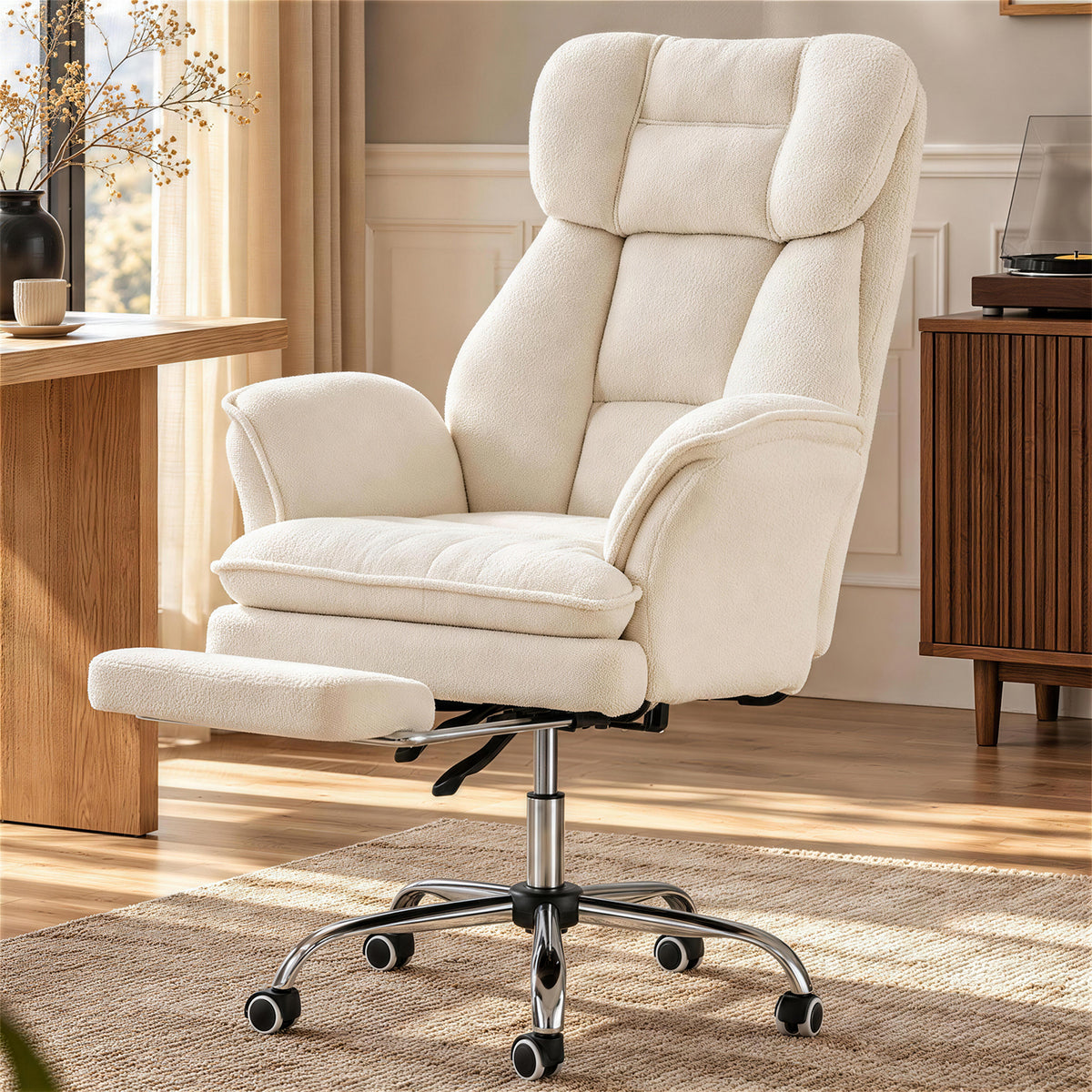 Clouddwell High Back Executive Office Chair with Footrest, Teddy Fleece Reclining Swivel Desk Chair, Adjustable Computer Chair for Home Office, White
