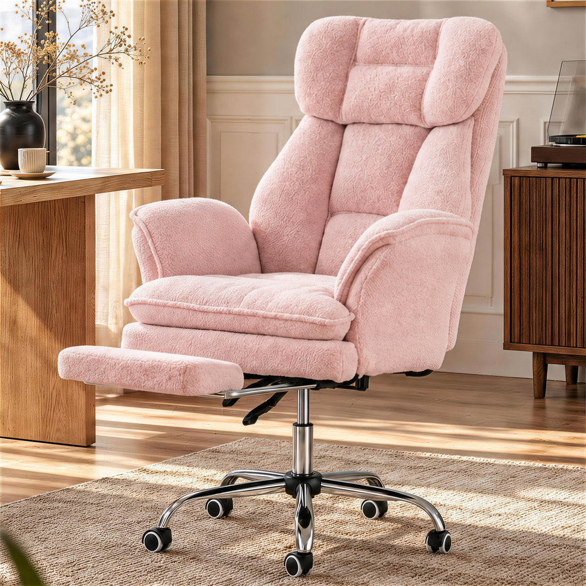 Clouddwell High Back Executive Office Chair with Footrest, Teddy Fleece Reclining Swivel Desk Chair, Adjustable Computer Chair for Home Office, Pink