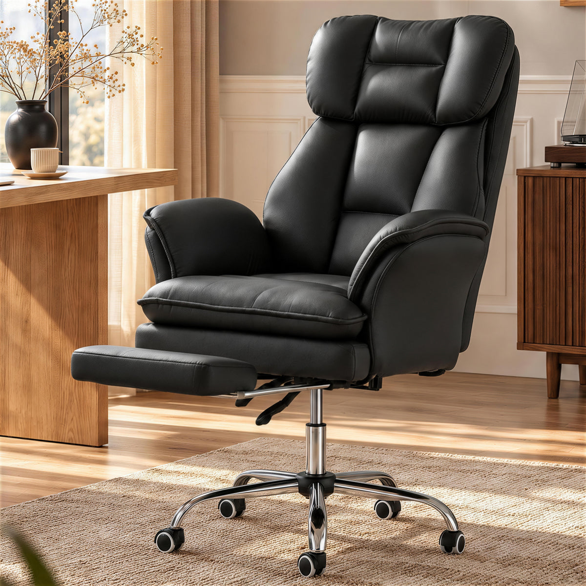 Clouddwell High Back Executive Office Chair with Footrest, Leather Reclining Swivel Desk Chair, Adjustable Computer Chair for Home Office, Black