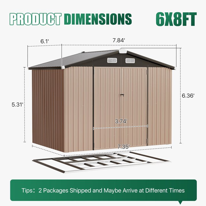 Clouddwell 8x6 ft. Outdoor Storage Shed with Base, Brown Metal Garden Shed with Double Lockable Doors for Backyard, Patio