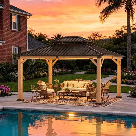 Sunmthink 12'x14' Outdoor Hardtop Gazebo, Cedar Wood Pavilion with Galvanized Steel Double Roof, for Patio, Garden, Deck