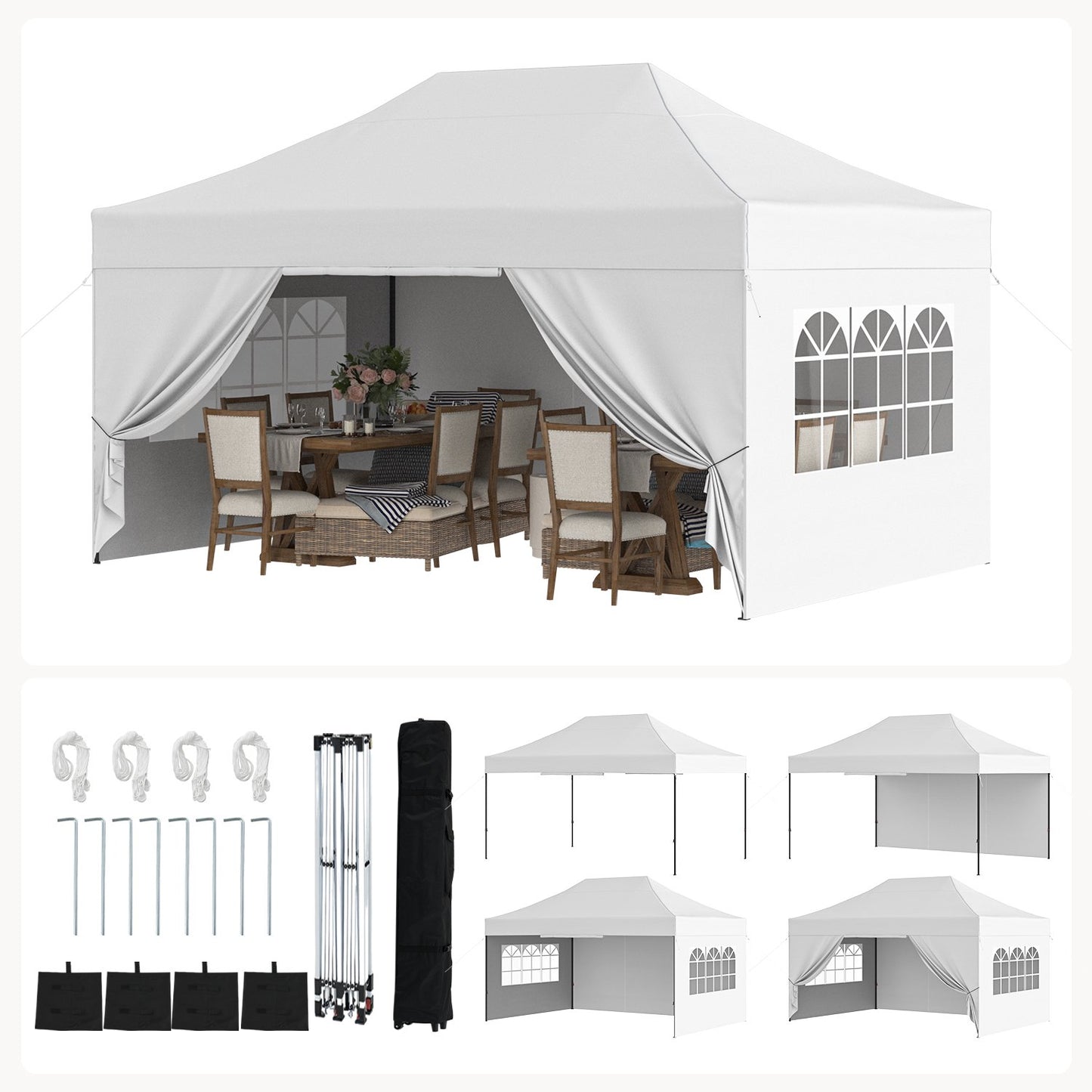 Clouddwell 10'x15' Pop Up Canopy Tent with Removable Sidewalls, Adjustable Height Instant Outdoor Canopy, Portable Sun Shade Shelter with 4 Sandbags, Easy Setup for Events, Parties, White
