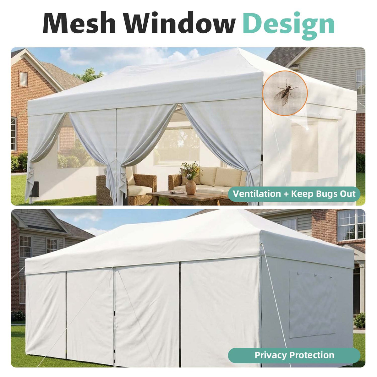 Dateyes 10x20 FT Pop Up Canopy with Mesh Window Sidewalls, Portable Ez Setup Heavy Duty Canopy Tent with Sandbags, Instant Shelter for Outdoor Event, Party, Commercial, White