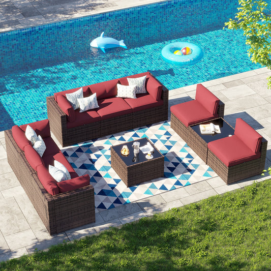 Clouddwell Nexus 11-Piece Modular Rattan Set with Accent Tables Brown-Red