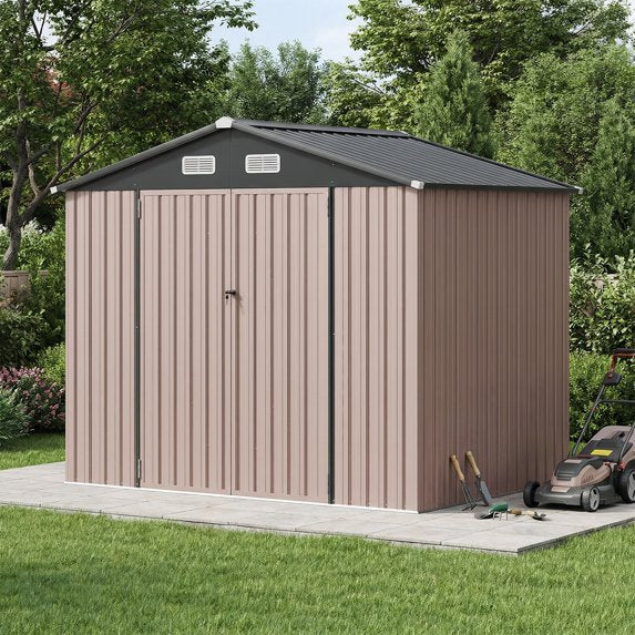Clouddwell 8 x 6 FT Shed Outdoor Storage Shed with Double Hinged Large Door, Large Metal Shed with Lockable Door & Sloped Roof for Garden, Patio and Backyard, Brown