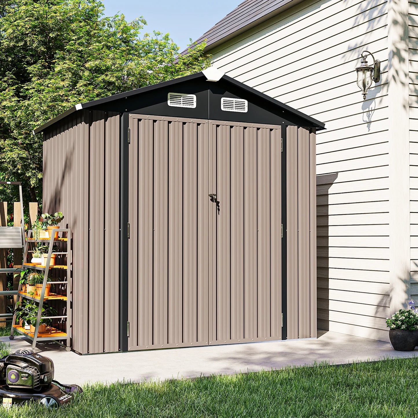 Sunmthink 6X4FT Outdoor Storage Shed with Plastic Floor, Metal Tool Shed with Lockable Door and Vents, Patio Shed for Garden, Backyard, Poolside, Brown