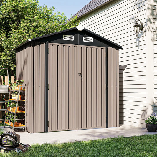 Sunmthink 6X4FT Outdoor Storage Shed with Plastic Floor, Metal Tool Shed with Lockable Door and Vents, Patio Shed for Garden, Backyard, Poolside, Brown