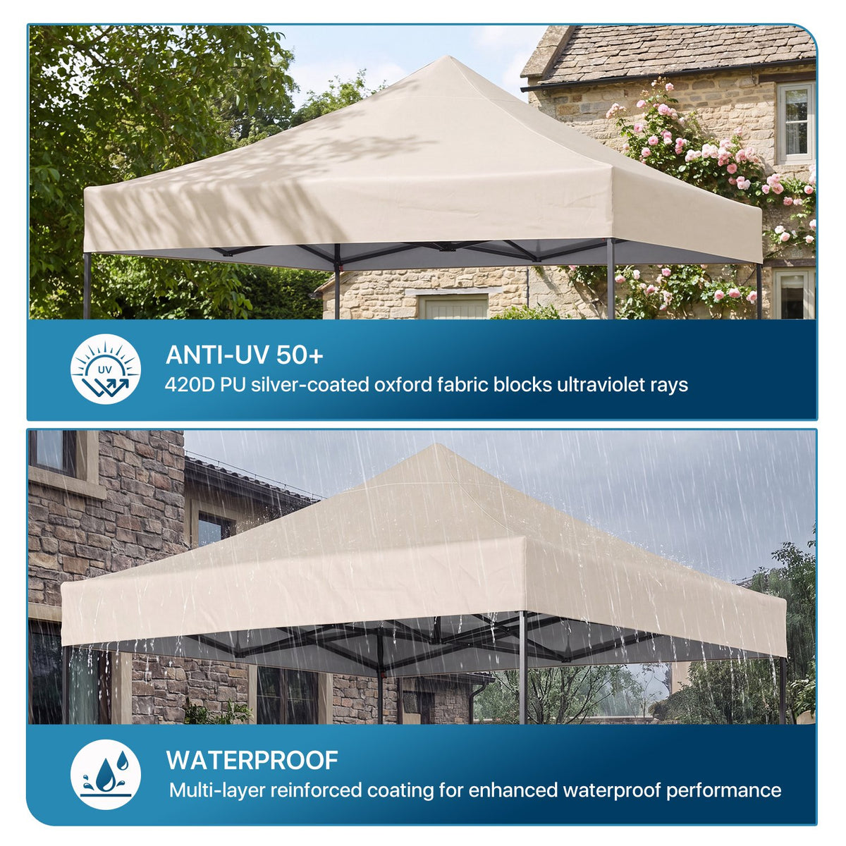 Dateyes 10x10FT Pop Up Canopy, Outdoor Canopy Tent with Carry Bag, Easy Setup Portable Instant Canopy with 4 Sandbags and 8 Stakes for Outdoor Events, Parties, Beach, Backyard, Lawn, Beige