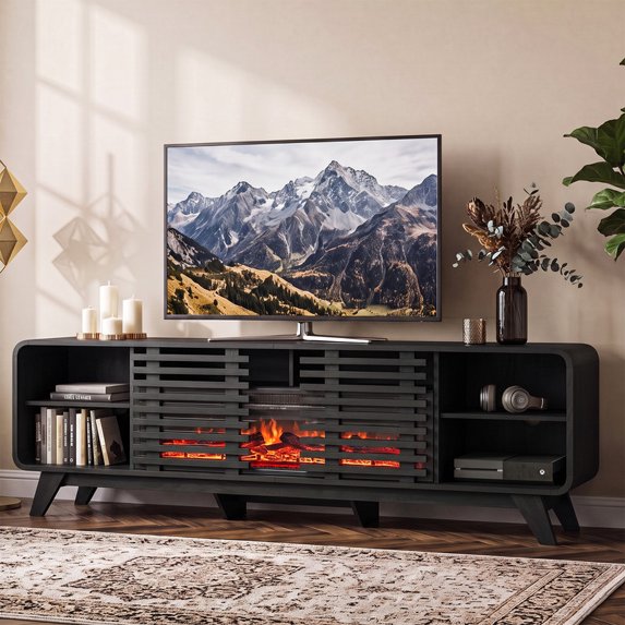 Sonegra Fireplace TV Stand with 40" Electric Fireplace, Mid Century Modern Entertainment Center with Led Lights for 90" TVs , Wood Media Console with Slatted Sliding Doors for Living Room, Black