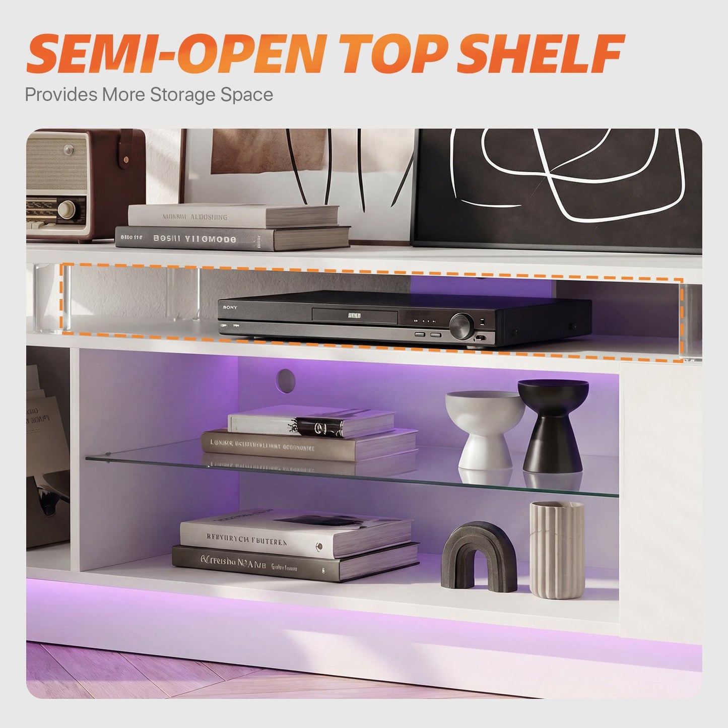 Sonegra 80” High-Glossy TV Stand with 2 Side Cabinets, Modern Stylish TV Console with 3 Layer LED Lights,Gaming TV Media Console with Adjustable Glass Shelf, White