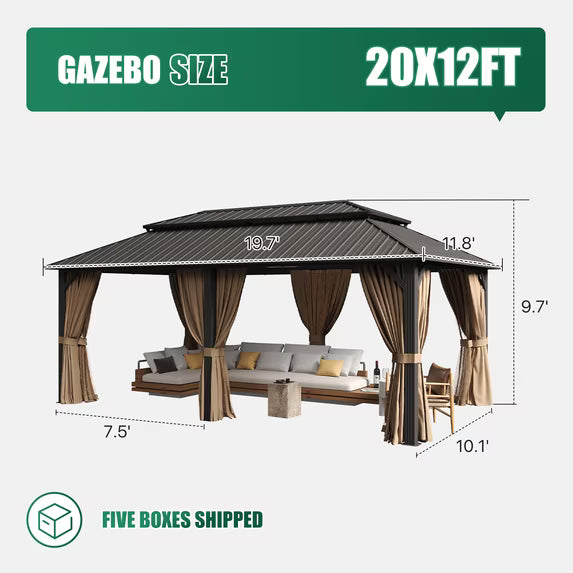Clouddwell 20' x 12' Gazebo for Patio, Gazebo Pergola with Sloped Roof, Large Wall-Mounted Heavy Duty Awnings, for Deck, Patio and Backyard,Brown