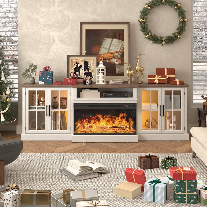 Sonegra 98" Farmhouse TV Stand with Fireplace for TVs up to 100", Media Entertainment Center with Adjustable Shelves and Large Storage Cabinets, for Living Room, White