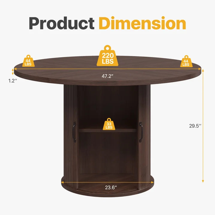Sonegra 47" Round Dining Table with Storage, Modern Fluted Circle Kitchen Table with 2-Layer Storage and Sliding Door, for Kitchen Living Room, Brown
