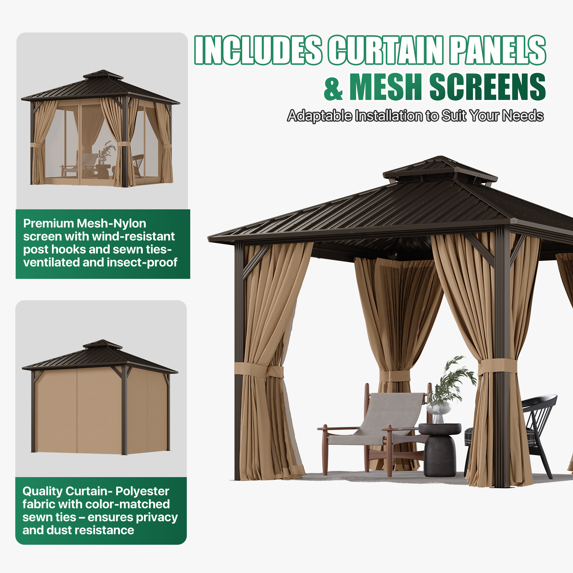 Dateyes 10x10 FT Outdoor Hardtop Gazebo, Aluminum Frame Gazebo with Removable Mesh Walls and Curtains for Patio, Lawns, Brown