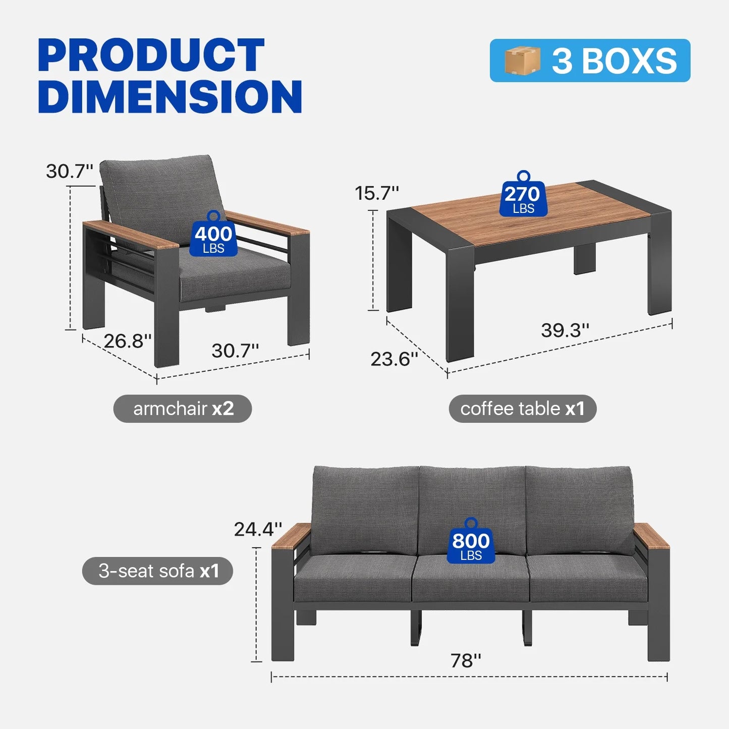 5-Seats Outdoor Patio Sectional Set with Coffee Table & Cushions - Aluminum Furniture for Terrace/Garden/Poolside (Gray)