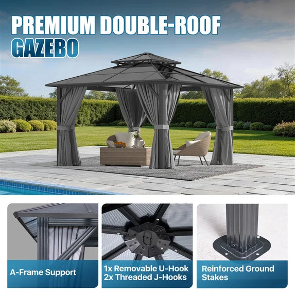 Sunmthink 12' x 12' Hardtop Gazebo,Polycarbonate Double Roof,Aluminum Frame with Curtains and Netting for Patio,Garden,Gray