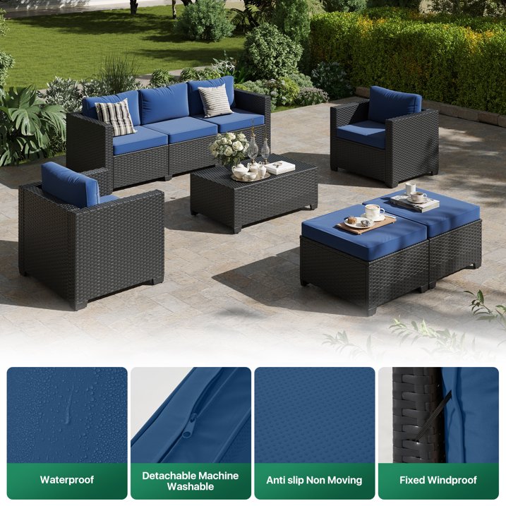 Clouddwell 7 Seats Patio Furniture Set with Storage Coffee Table, All Weather Wicker Outdoor Sectional With Thickened Cushion and Waterproof Cover, Blue