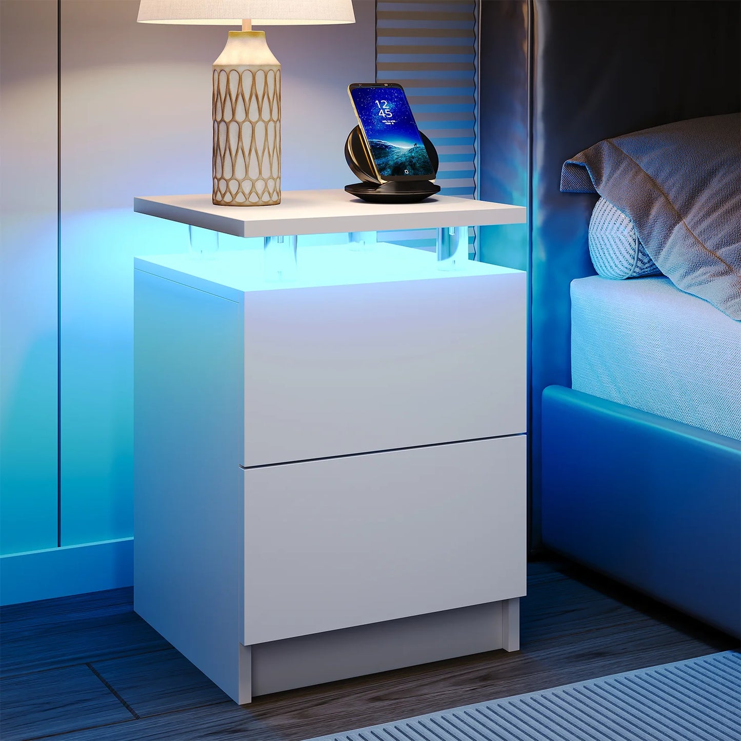 Sonegra Nightstand Set of 2 with Charging Station, LED End Table with 2 Storage Drawers, Sofa Side Table for Living Room and Bedroom, White 15IN