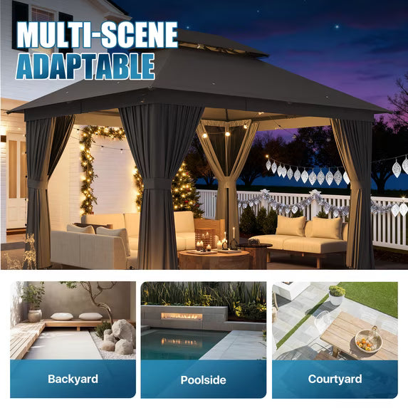 Dateyes 10x12 FT Outdoor Gazebo, Double Roof Patio Shelter with Netting Screens and Privacy Curtains, Heavy-Duty Weatherproof Canopy for Backyard, Deck, and Lawn, Gray