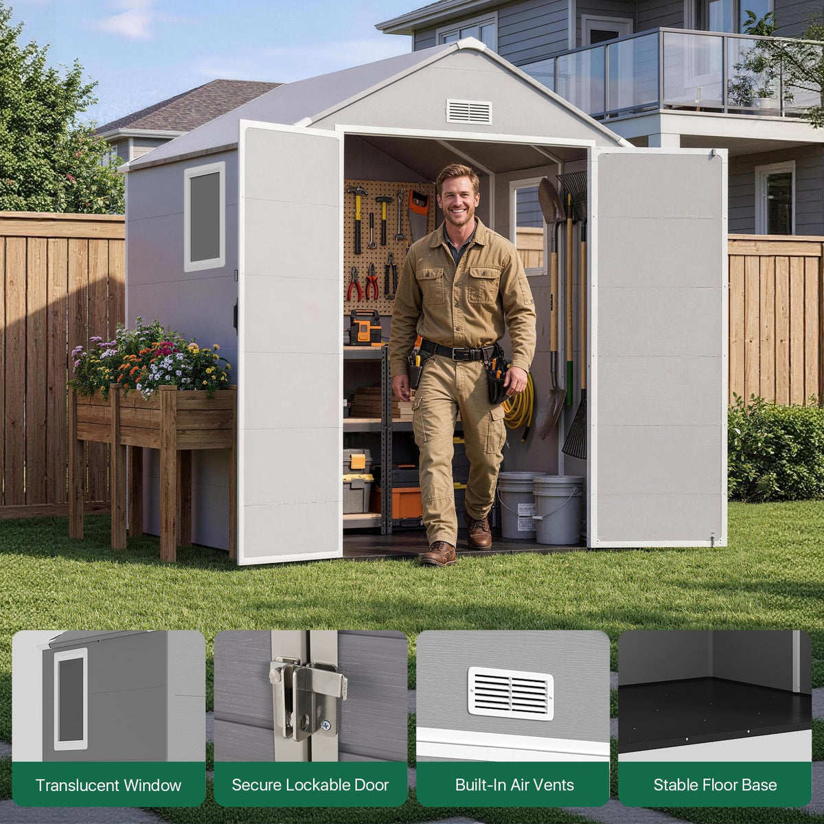 Dateyes 6 x 6 FT Resin Outdoor Storage Shed, Outdoor Sheds with Floor & Window, All-Weather Heavy Duty Plastic Shed for Backyard, Garden, Patio, Light Gray