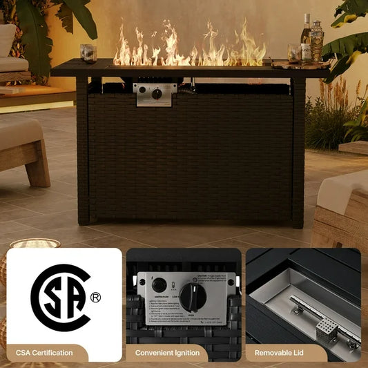 Aoxun 45" Outdoor Fire Table, 50,000 BTU Wicker Propane Fire Pit with Half-Sphere Glass Rocks and Aluminum Frame, Black