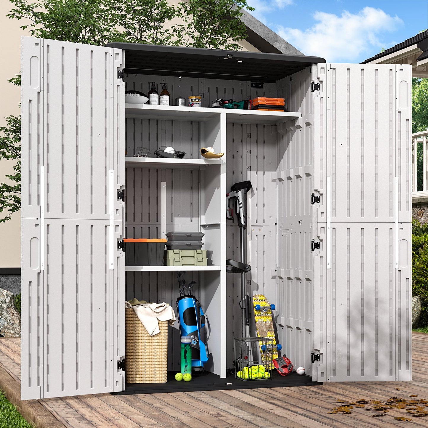 Clouddwell Outdoor Storage Shed, 64 Cu.Ft Vertical Storage Sheds with Shelf, Waterproof Resin Cabinet for Garage Storage, Pool Storage, Bike Shed, Garden Shed, Outdoor Storage(White)