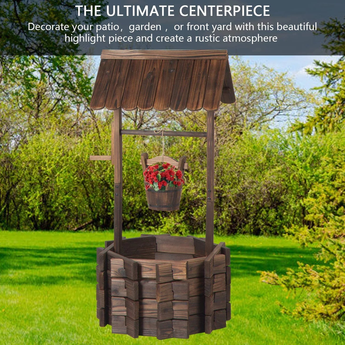 Sunmthink Wood Wishing Well Planter with Hanging Bucket for Flower and Plants, Brown