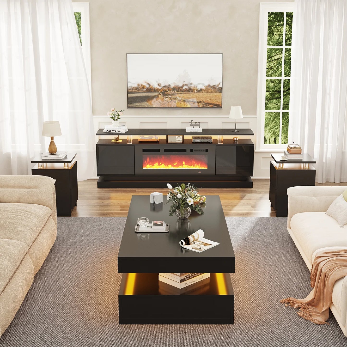 Sonegra 4-Piece Living Room Table Set Includes High Gloss 70'' Modern Fireplace TV Stand, Modern Coffee Table and 2 End Tables for Living Room, Bedroom, Black
