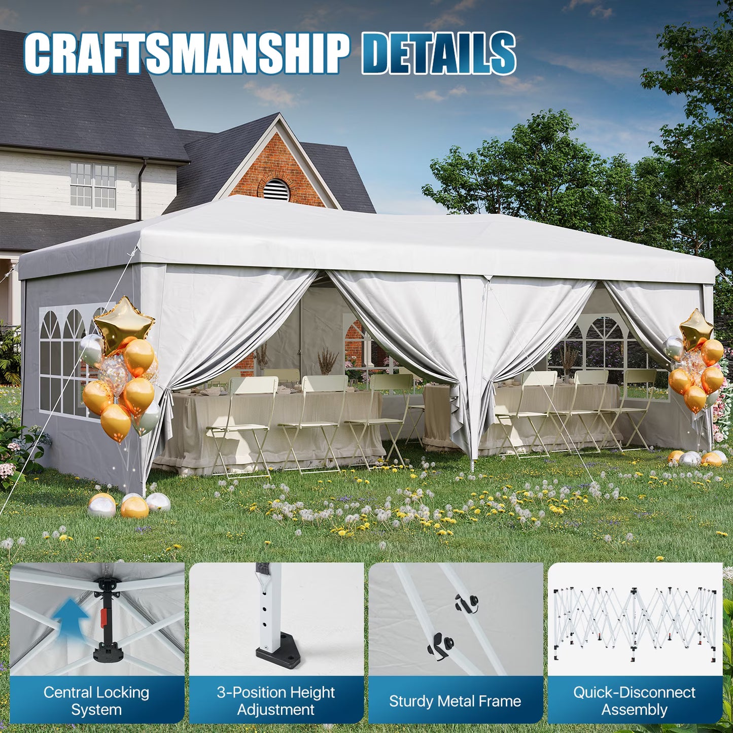 Dateyes 10x20 Pop Up Canopy Tent, Waterproof Party Tent with 6 Removable Sidewalls, 3-Level Height Adjustable Event Tent, Instant Shelter for Wedding, Party, Commercial & Market Events,White
