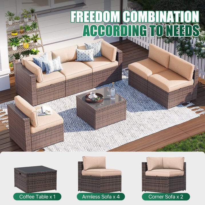 Clouddwell 7 Piece Patio Furniture Set Wicker Rattan Patio Conversation Set Outdoor Sectional Sofa Set with Coffee Table and Black Cushions(Waterproof Cover Included)