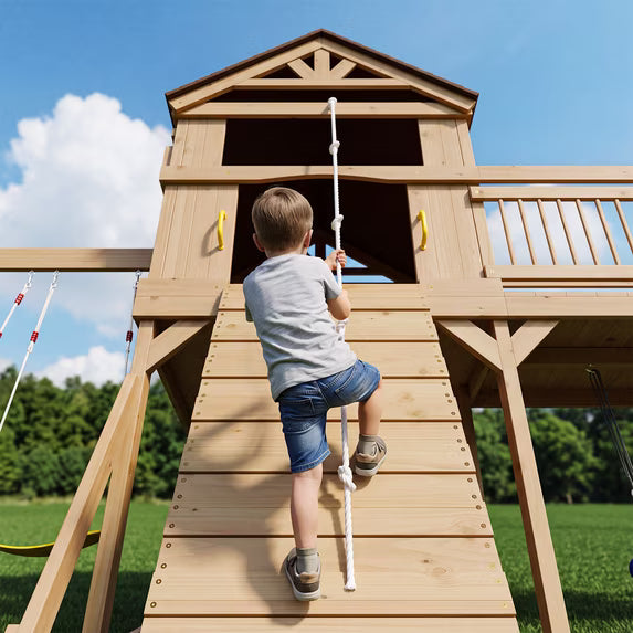 Clouddwell Wooden Swing Sets for Backyard – Outdoor Playset with Wave Slide, Raised Clubhouse, Wooden Bridge, Rock Wall, Belt Swings, Web Swing, Trapeze, Balcony, Climbing Wall & Ladder