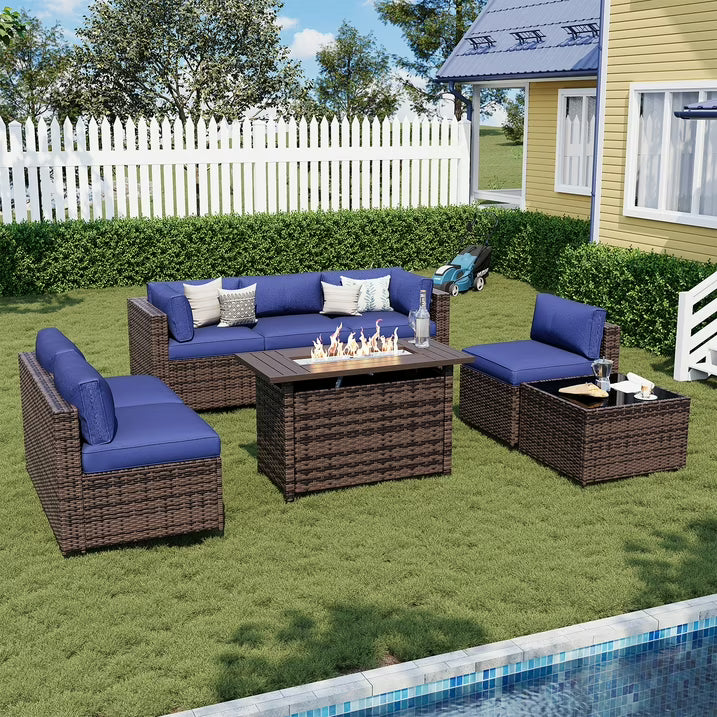 Sunmthink 8-Piece Outdoor Patio Furniture, Patio Furniture Sets with Fire Pit, Wicker Outdoor Conversation Set and Waterproof Cover