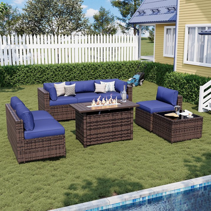 Sunmthink Patio Furniture Sets, 8-Piece Outdoor Patio Furniture with 44'' Propane Gas Firepit Table, Wicker Outdoor Conversation Set and Waterproof Cover for Backyard, Poolside, Garden