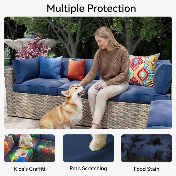 Clouddwell 14-Piece Outdoor Cushion Covers Replacement for 6-Seat Wicker Sectional-Waterproof, Non-Slip Bottom (Navy Blue)