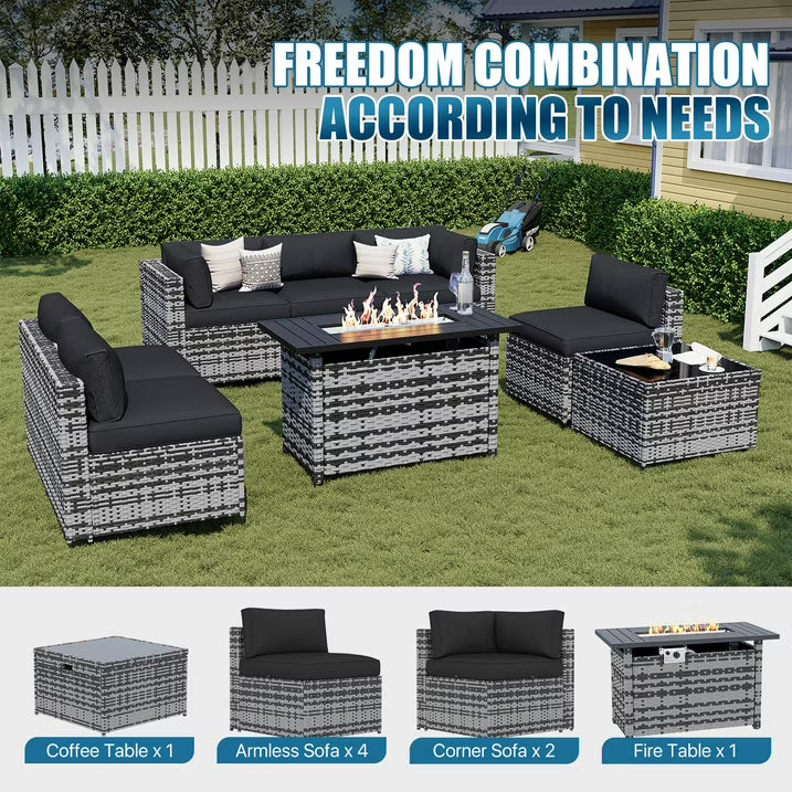 Sunmthink 8-Piece Outdoor Patio Furniture, Patio Furniture Sets with Fire Pit, Wicker Outdoor Conversation Set and Waterproof Cover