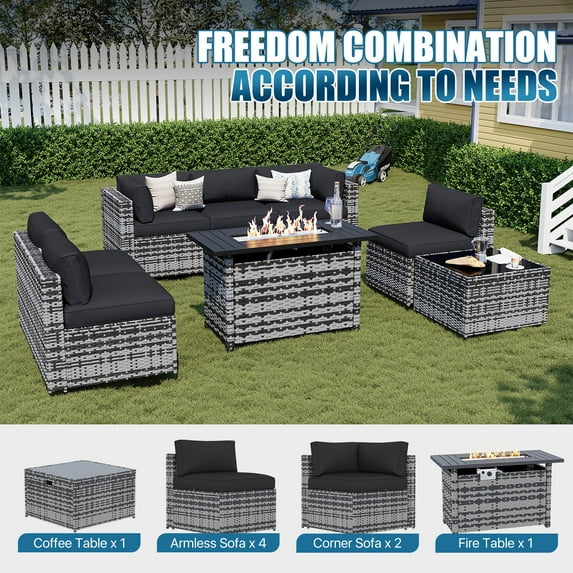 Sunmthink Patio Furniture Sets, 8-Piece Outdoor Patio Furniture with 44'' Propane Gas Firepit Table, Wicker Outdoor Conversation Set and Waterproof Cover for Backyard, Poolside, Garden