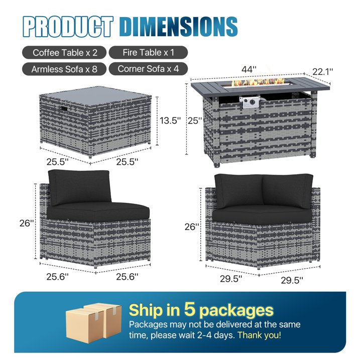 Sunmthink Patio Furniture Sets, 15-Piece Outdoor Patio Furniture with 44'' Propane Gas Firepit Table, Wicker Outdoor Conversation Set and Waterproof Cover for Backyard, Poolside, Garden