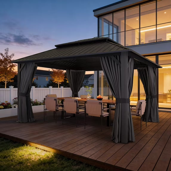 Sunmthink 12' x 14' Hardtop Gazebo with Mosquite Netting, Double Metal Roof for Lawn and Garden, Gray
