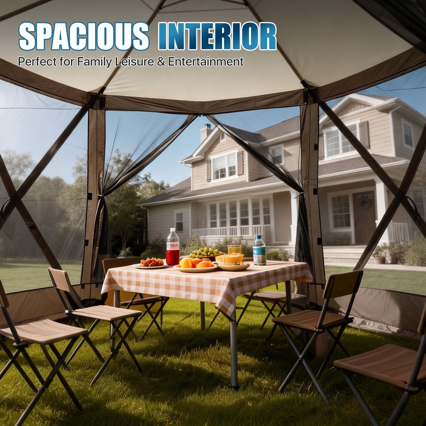 Sunmthink 10x10 FT Pop-up Gazebo Screen Tent, 6-Sided Camping Canopy Shelter with Waterproof UV-Blocking Top, Includes Carry Bag & Accessories for Outdoor Backyard & Lawn, Brown