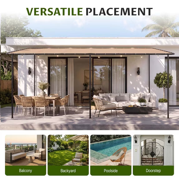 Dateyes 20'x12' Wall-Mounted Metal Gazebo , Water-Resistant Khaki Canopy with UV Protection for Patio & Garden