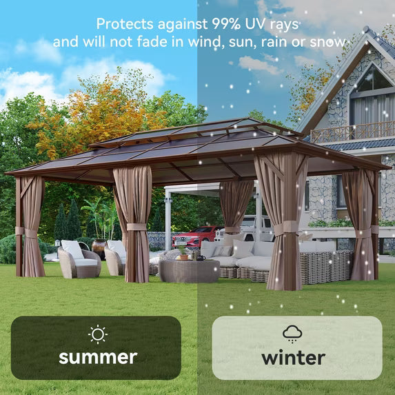 Aoxun 12 ft. x 20 ft. Hardtop Gazebo, Aluminum Frame Permanent Pavilion with Curtains and Netting, Outdoor Polycarbonate Double Roof Canopy, Designed for Garden, Lawns, Patio