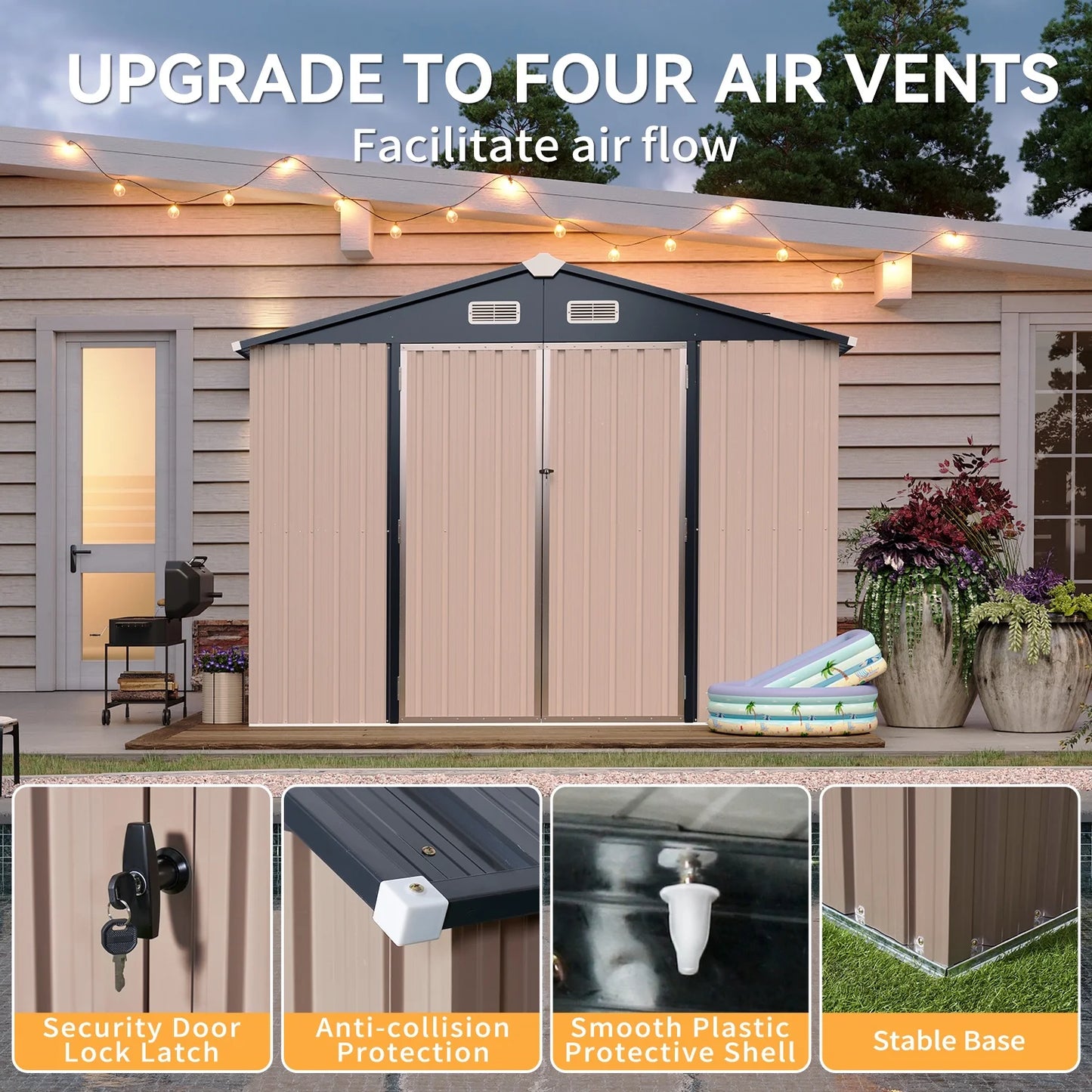 Sunmthink 6X8FT Outdoor Storage Shed with Plastic Floor, Metal Tool Shed with Lockable Door and Vents, Patio Shed for Garden, Backyard, Poolside, Brown