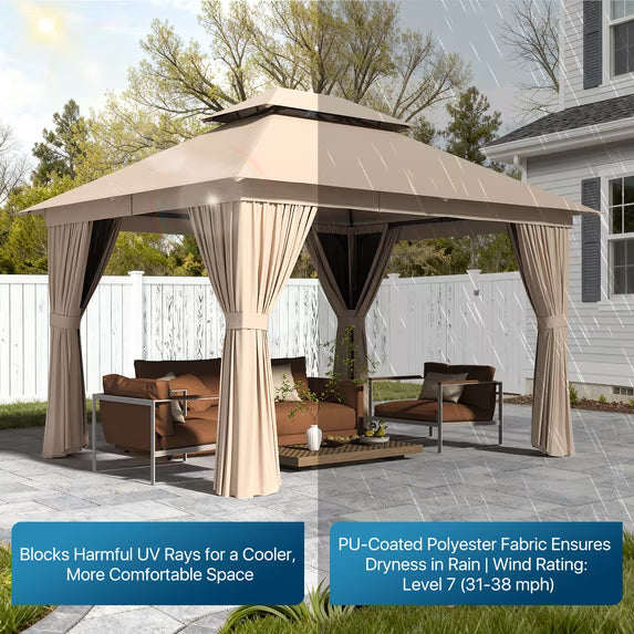Dateyes 10x12 FT Outdoor Gazebo, Double Roof Patio Shelter with Netting Screens and Privacy Curtains, Heavy-Duty Weatherproof Canopy for Backyard, Deck, and Lawn, Beige