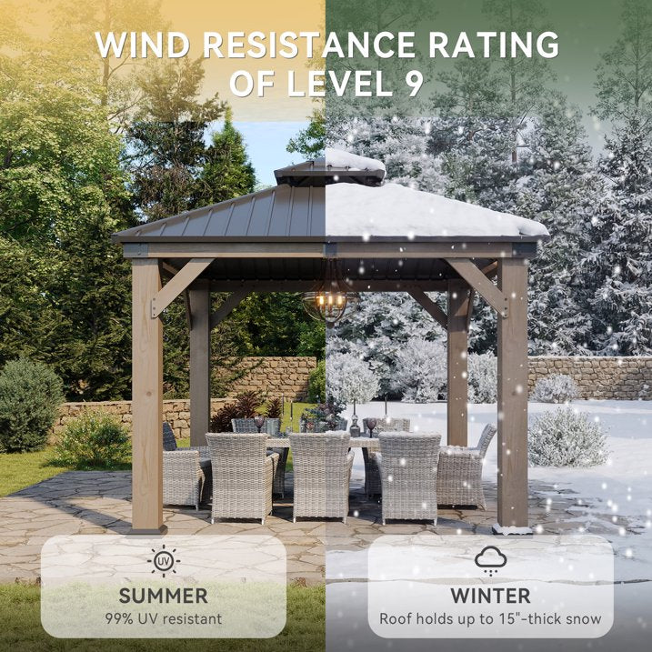 Aoxun 10' x 10' Outdoor Wood Gazebo, Hardtop Gazebo Permanent Wooden Pavilion with Galvanized Steel Double Roof, for Patio, Garden, Deck, Cedar Wood