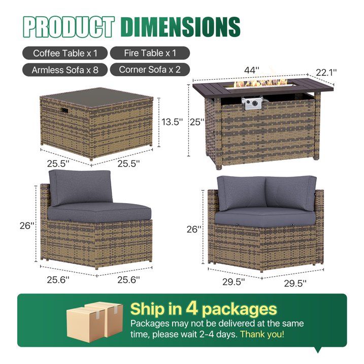 Clouddwell 12 Piece Patio Furniture Set with 44” Fire Pit Table Wicker Rattan Patio Conversation Set Outdoor Sectional Sofa Set with Coffee Table and Gray Cushions (Waterproof Cover Included)