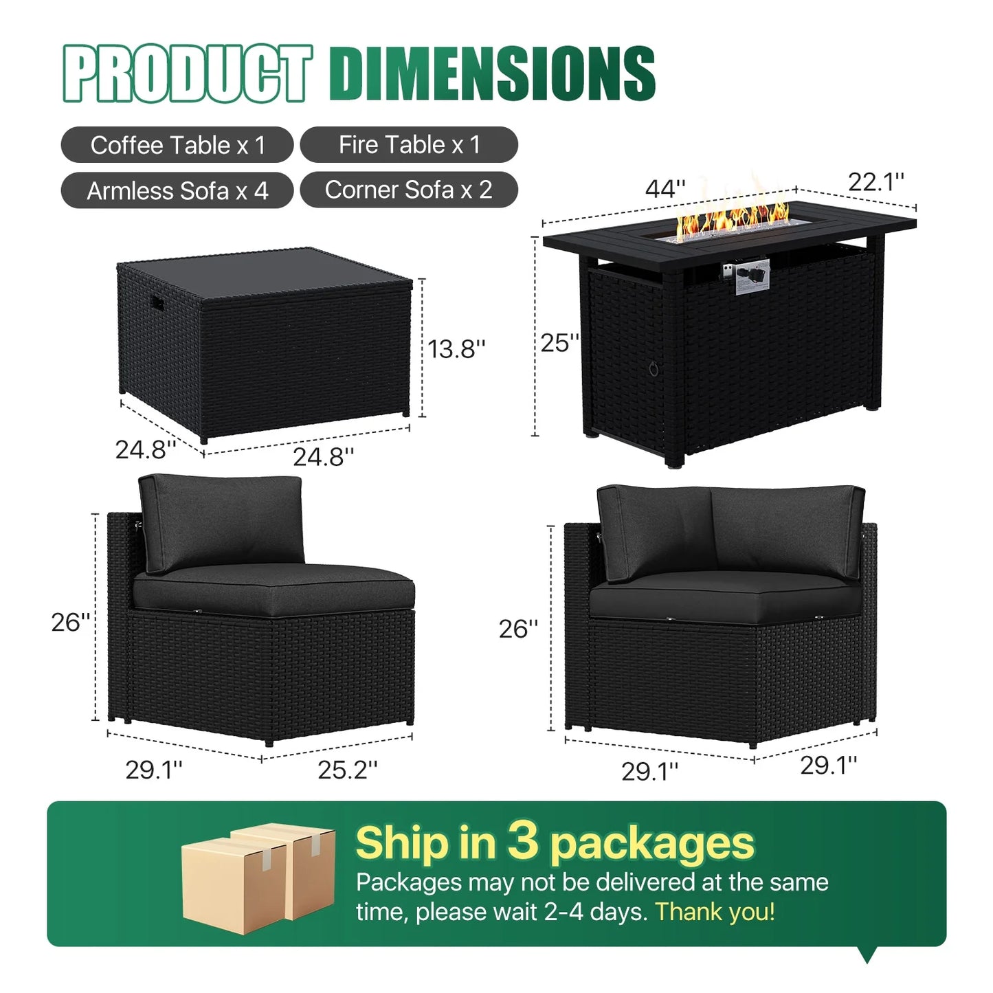 Clouddwell 8-Piece Patio Furniture Set With Fire Table On Sale, Black Rattan Wicker Outdoor Sectional Sofa Couch with Table Patio Conversation Set for Lawn& Backyard,Black