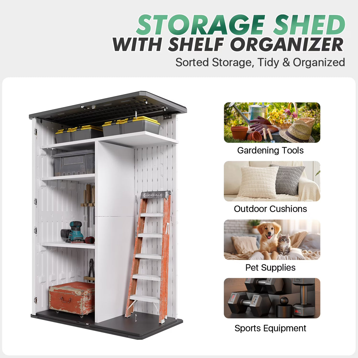 Dateyes 4.5x2.5 FT Resin Storage Shed, Heavy-Duty 64 Cu.ft Plastic Storage Sheds with Floor & 3 Tier Shelves, Weather-Resistant Vertical Outdoor Storage Cabinet with Lockable Doors, White