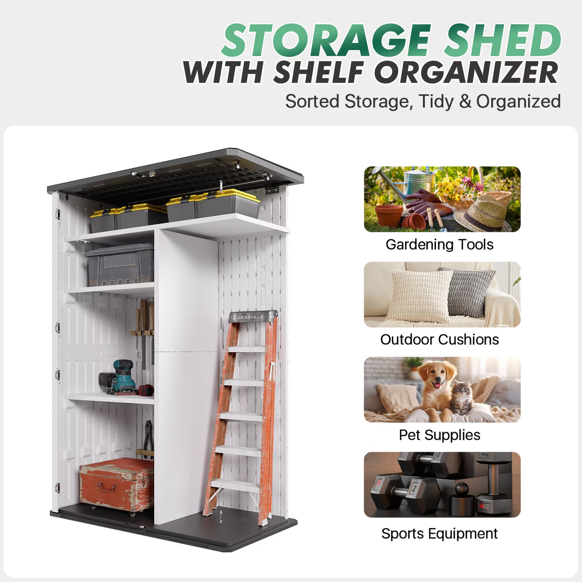 Dateyes 4.5x2.5 FT Resin Storage Shed, Heavy-Duty 64 Cu.ft Plastic Storage Sheds with Floor & 3 Tier Shelves, Weather-Resistant Vertical Outdoor Storage Cabinet with Lockable Doors, White